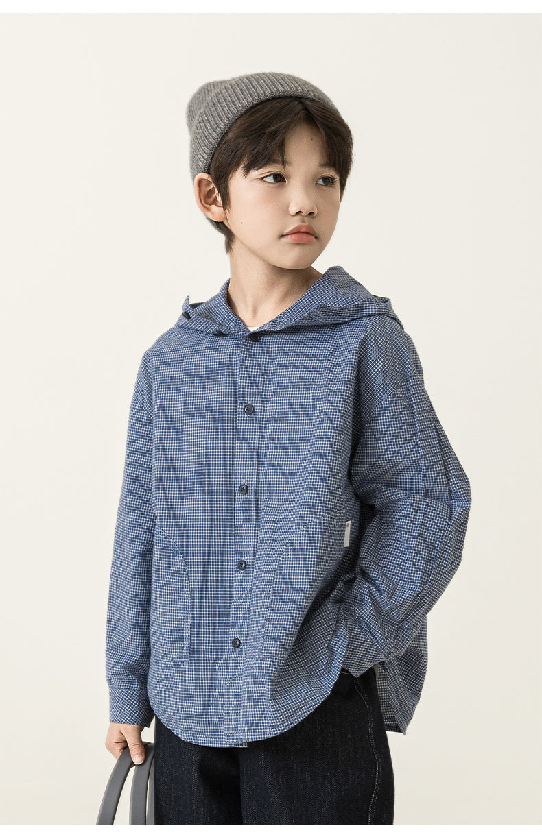 Blue Grid Hooded Shirt Jacket