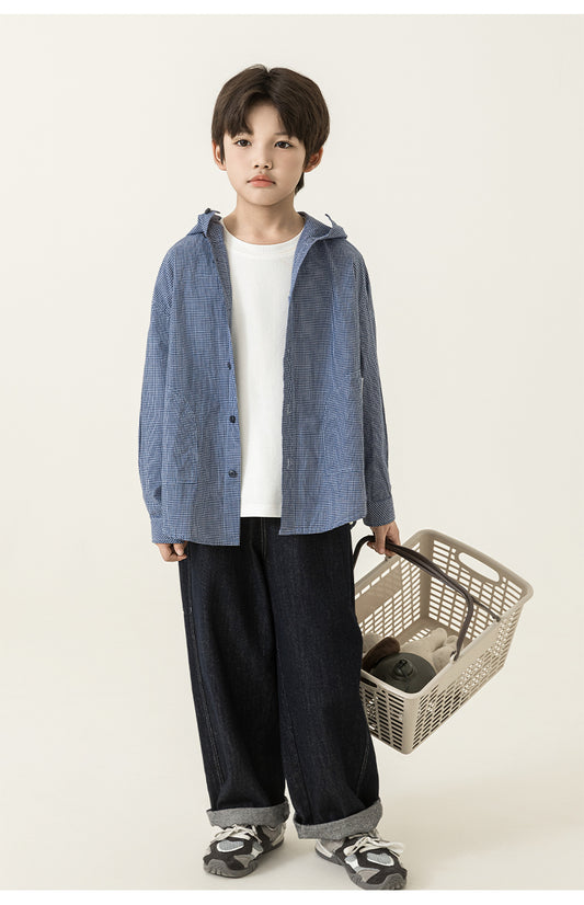 Blue Grid Hooded Shirt Jacket