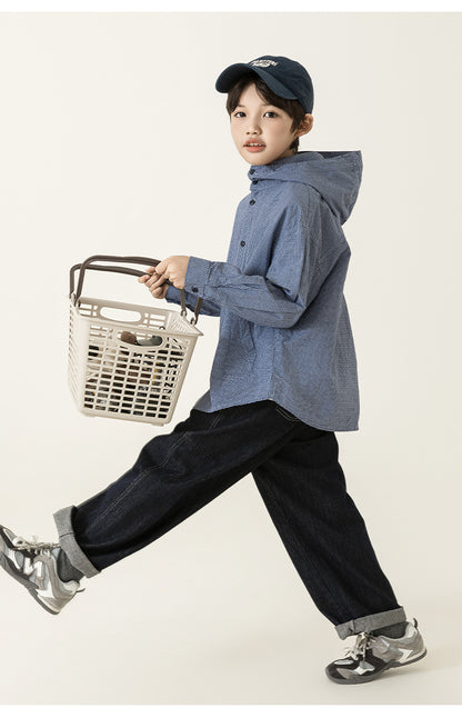 Blue Grid Hooded Shirt Jacket