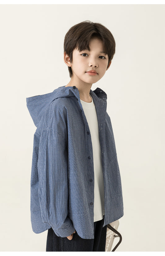 Blue Grid Hooded Shirt Jacket