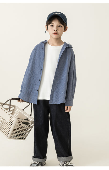 Blue Grid Hooded Shirt Jacket